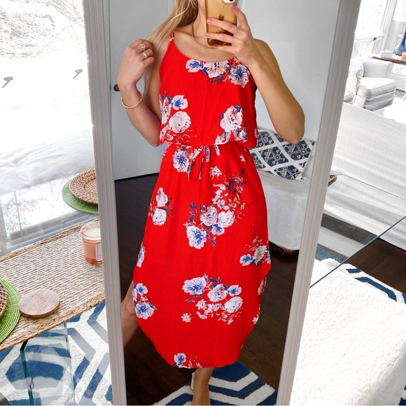 ❤️ YIDARTON BOHO RED MULTI FLORAL SLIT MIDI DRESS! - Picture 2 of 13